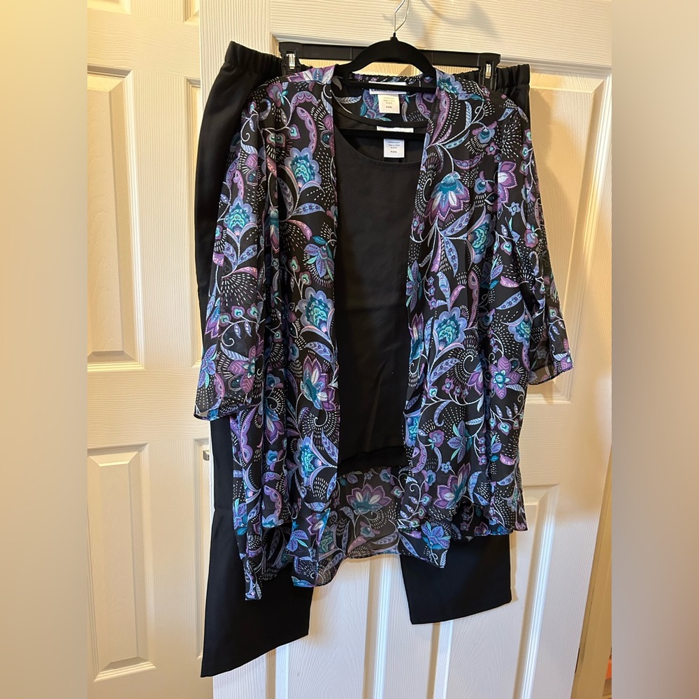 P2XL Elizabeth Williams Floral Kimono Cardigan Duster Set w/Black Pants, Tank